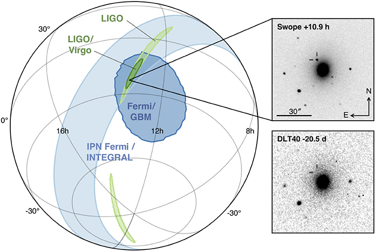 图2 -为了找到中子星碰撞的星系，科学家们结合了LIGO和Virgo、费米望远镜和望远镜的信息。