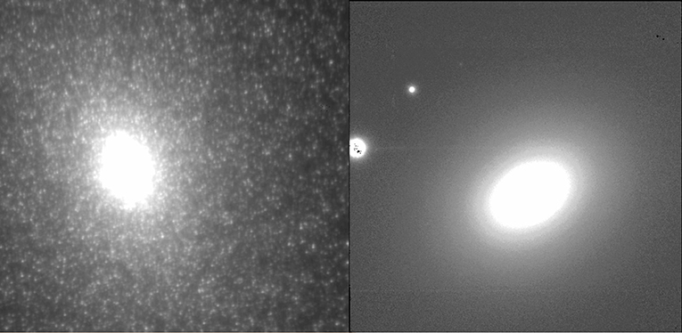 图1 -左边的图片是M32星系，它就在仙女座星系的旁边，距离我们0.77百万秒差距(Mpc)，或77万秒差距。