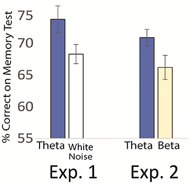 图2 -在第一个实验中,得到θ的大脑夹带在记忆测试中得分更好的小组相比收到白噪声。