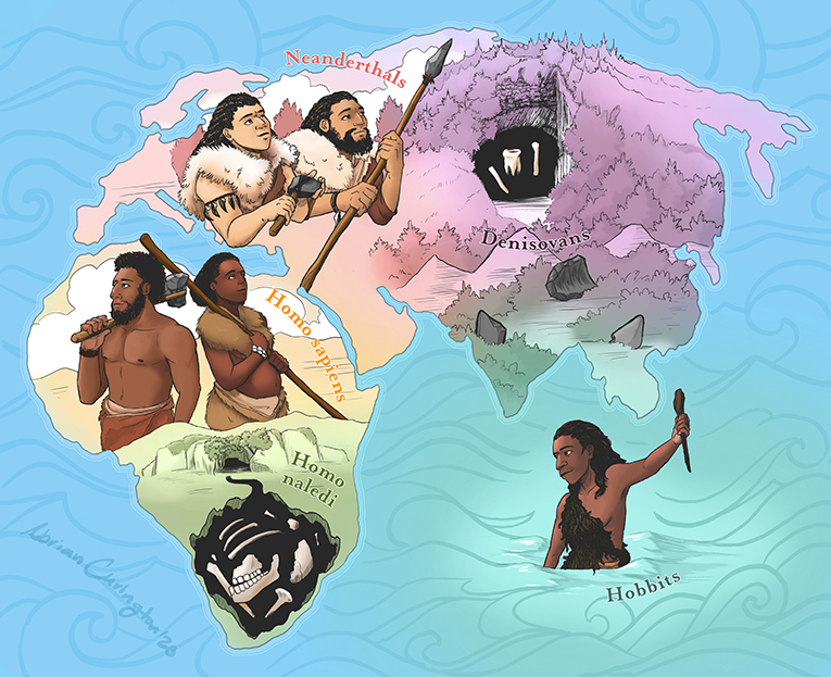 图1——一幅世界地图,人类和我们的亲戚生活在距今300至10万年前,基于化石证据。